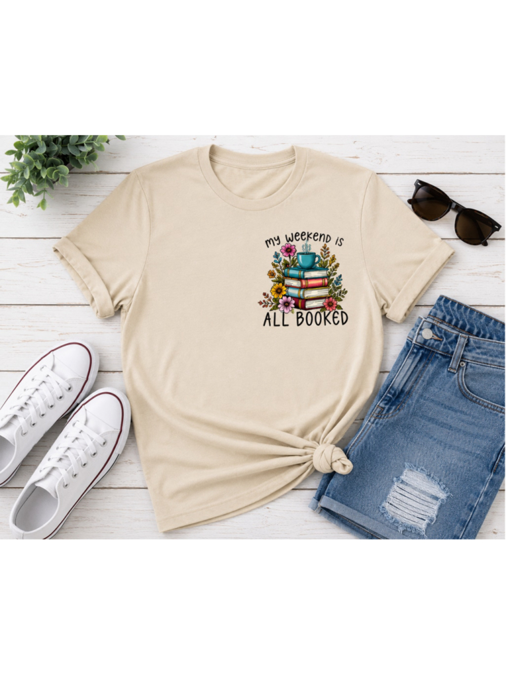 New Floral Book Coffee Cup Casual Colorful Graphic Tee Shirt Women Size Large